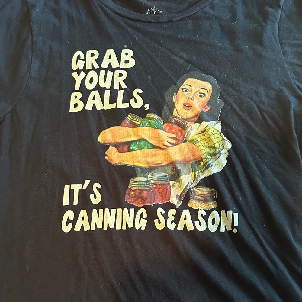 M women’s Black Graphic T-Shirt with Canning Season Print